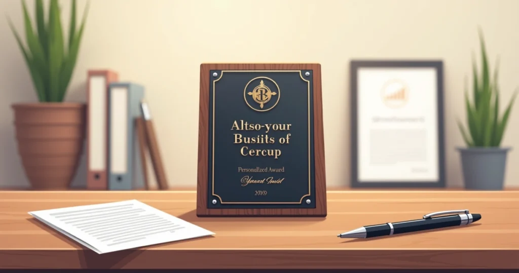 Ilustração corporativa plana de placa de homenagem personalizada sobre mesa com caneta e documento ao lado