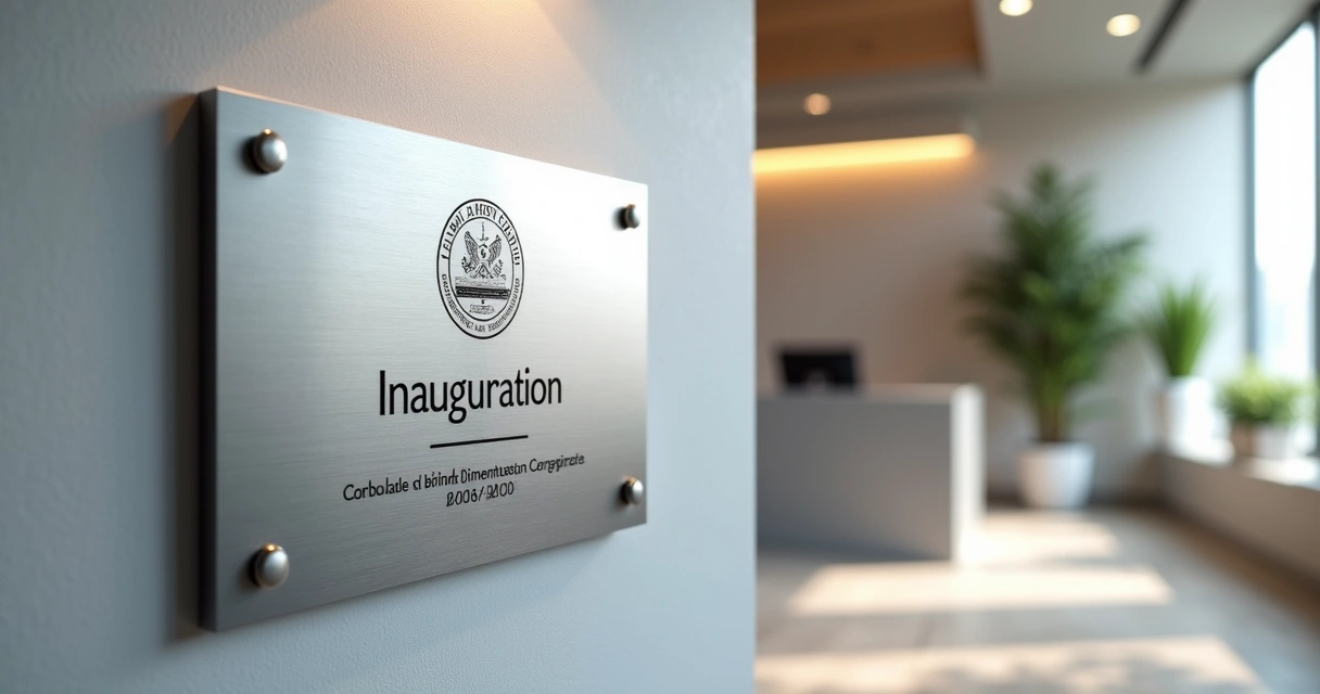 Placa de inauguração em aço escovado exibida em parede corporativa com detalhes de gravação e acabamento elegante