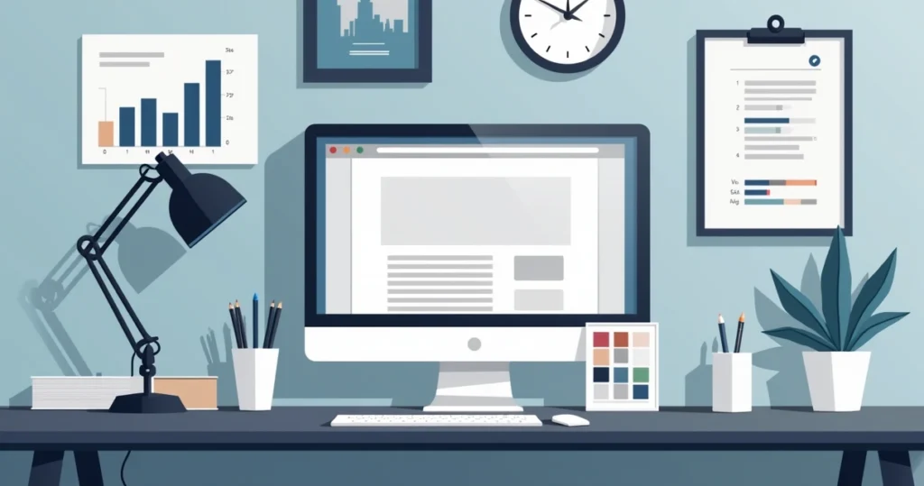 Ilustração corporativa mostrando uma réplica de diploma em aço inox sobre mesa, com elementos de personalização ao redor, como ferramentas digitais, gráficos e amostras de acabamento metálico