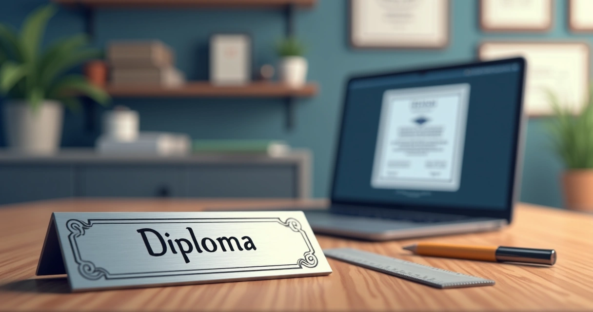 Diploma em placa de metal personalizada sobre mesa de escritório moderna