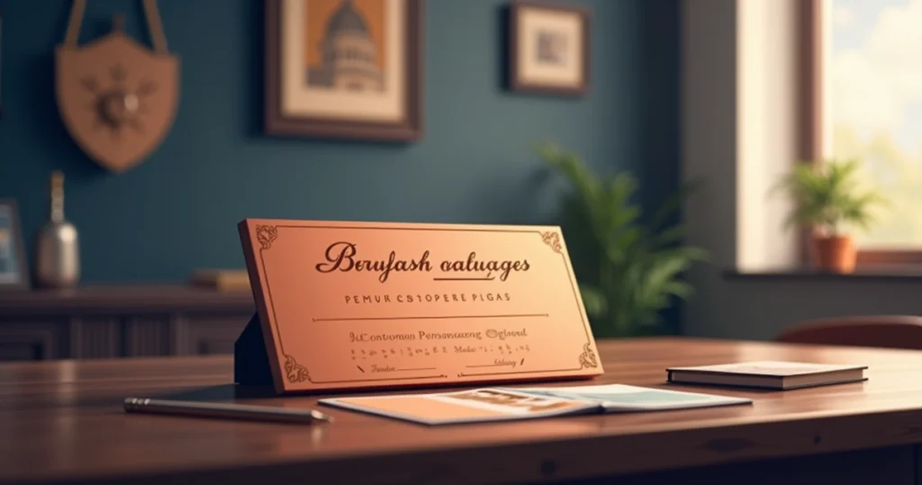 Placa de homenagem em cobre personalizada sobre mesa elegante