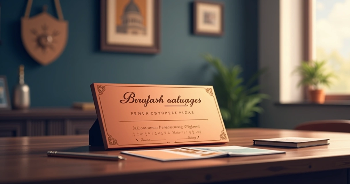 Placa de homenagem em cobre personalizada sobre mesa elegante