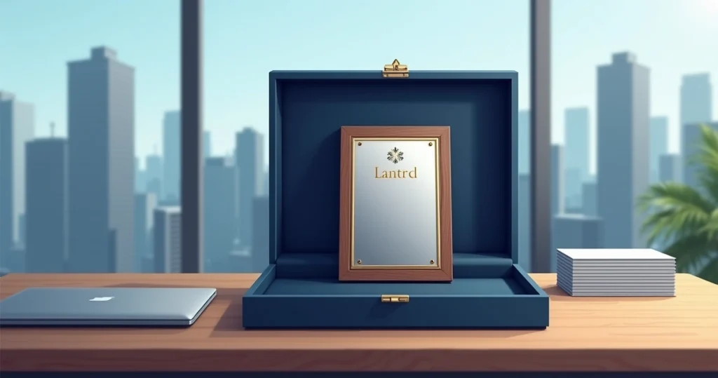 Placa de homenagem com estojo aberto em estilo executivo sobre mesa corporativa