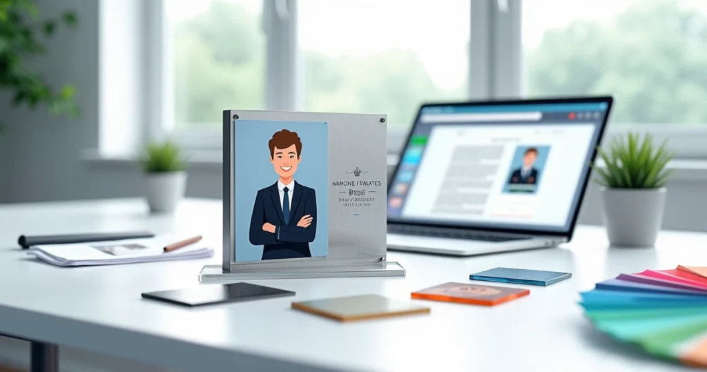 Placa de homenagem com foto sobre mesa corporativa com materiais de personalização ao redor