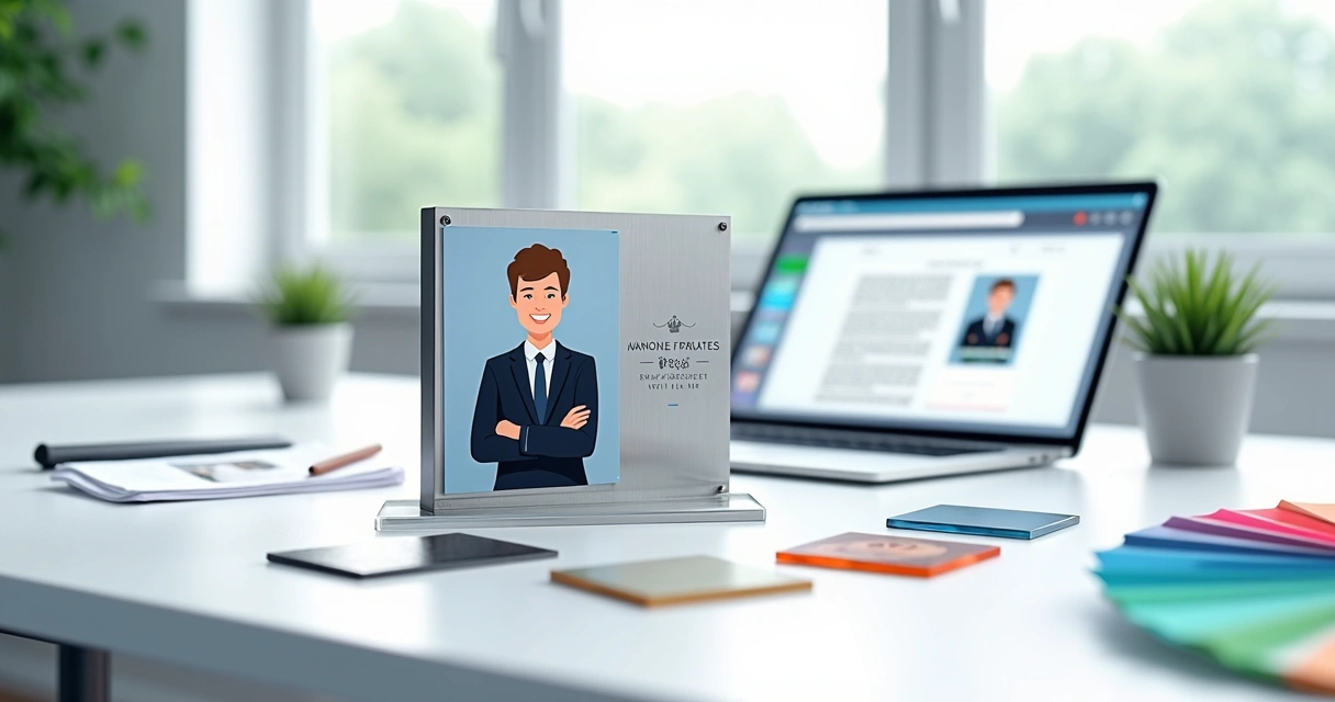 Placa de homenagem com foto sobre mesa corporativa com materiais de personalização ao redor