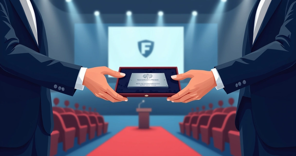 Placa de homenagem em pasta de veludo sendo entregue em cerimônia corporativa elegante