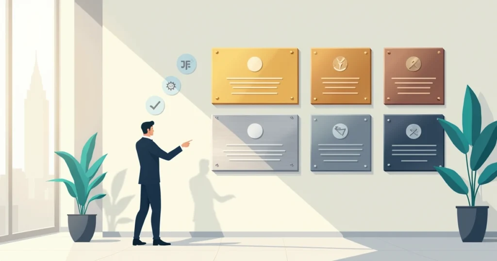 Placas de homenagem em metal em parede corporativa com diferentes acabamentos