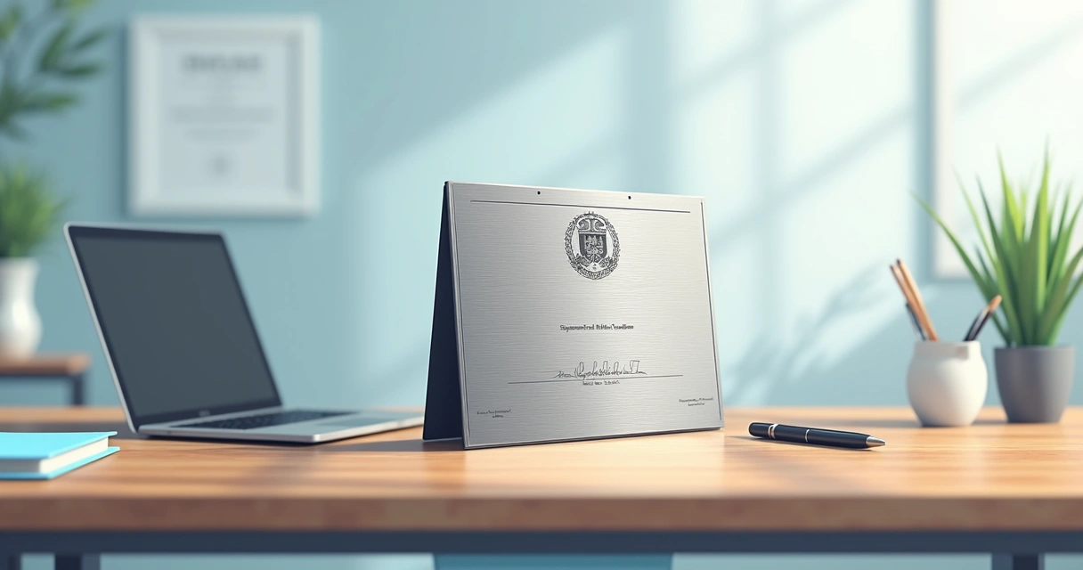 Réplica de diploma em aço inox sobre mesa de escritório moderna
