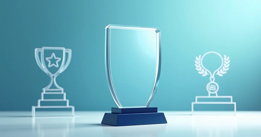Troféu acrílico personalizado transparente em destaque sobre mesa com fundo azul corporativo