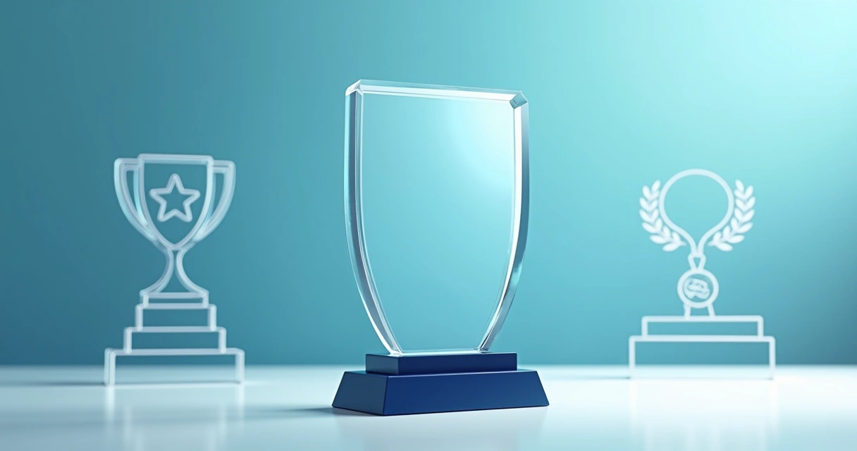 Troféu acrílico personalizado transparente em destaque sobre mesa com fundo azul corporativo