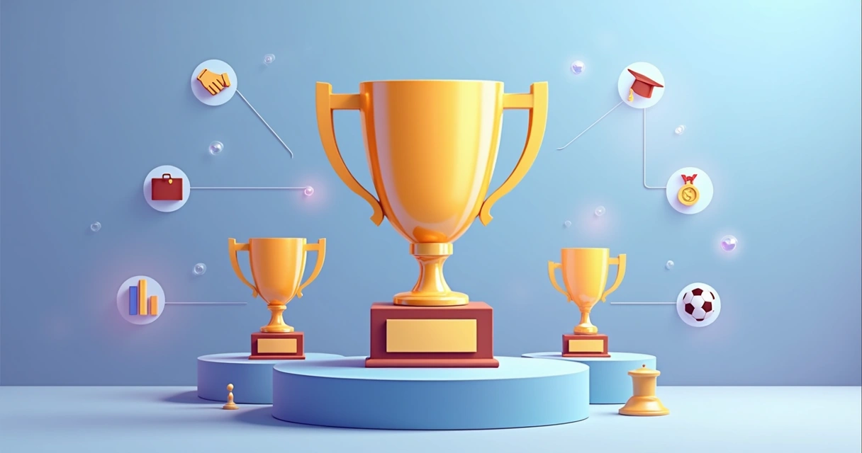 Troféu personalizado em destaque com ícones de eventos esportivos e corporativos ao fundo