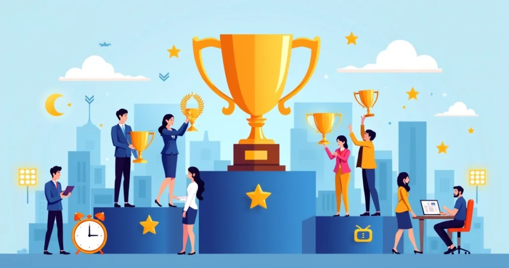 Ilustração de troféu em destaque em pódio com pessoas ao redor em ambiente corporativo