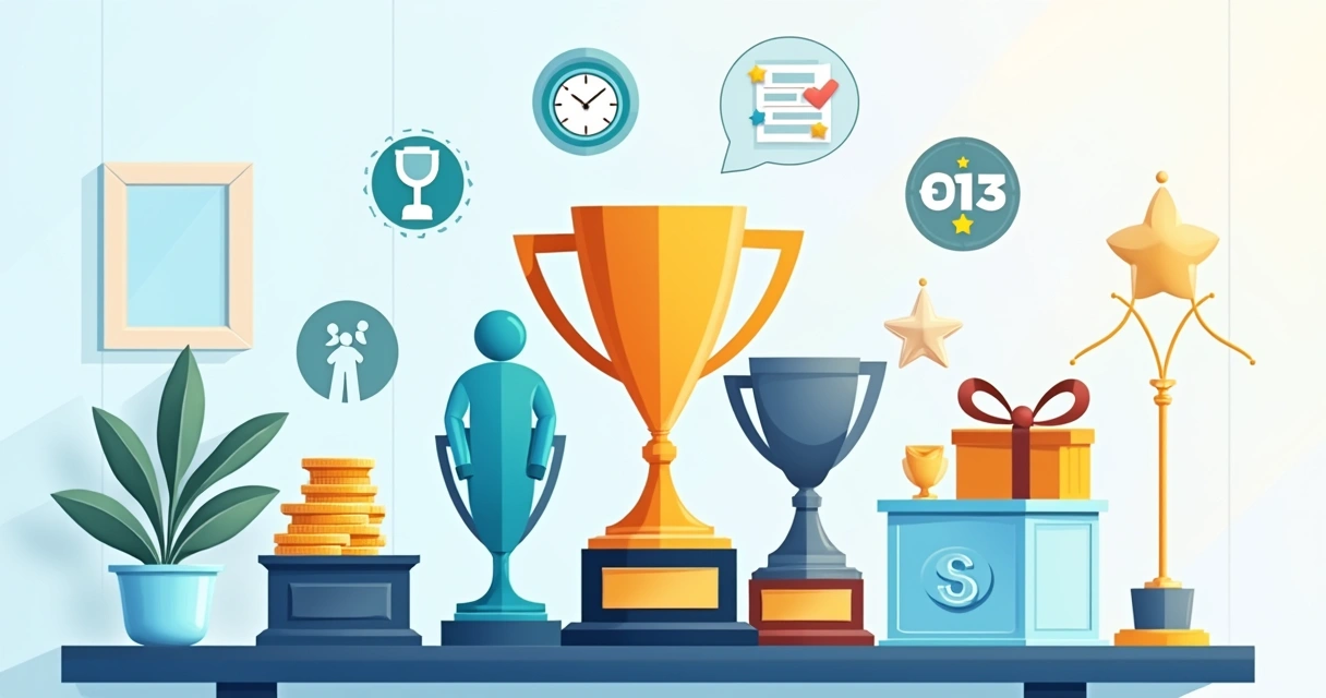 Ilustração de troféus personalizados com ícones de fatores de preço ao fundo