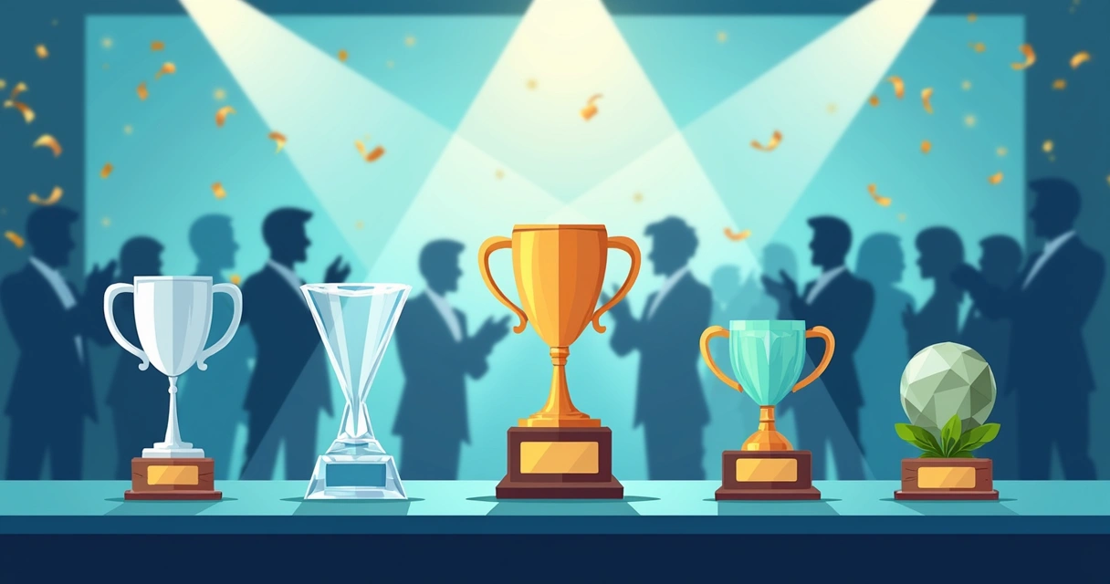 Vários troféus modernos alinhados em uma mesa de premiação