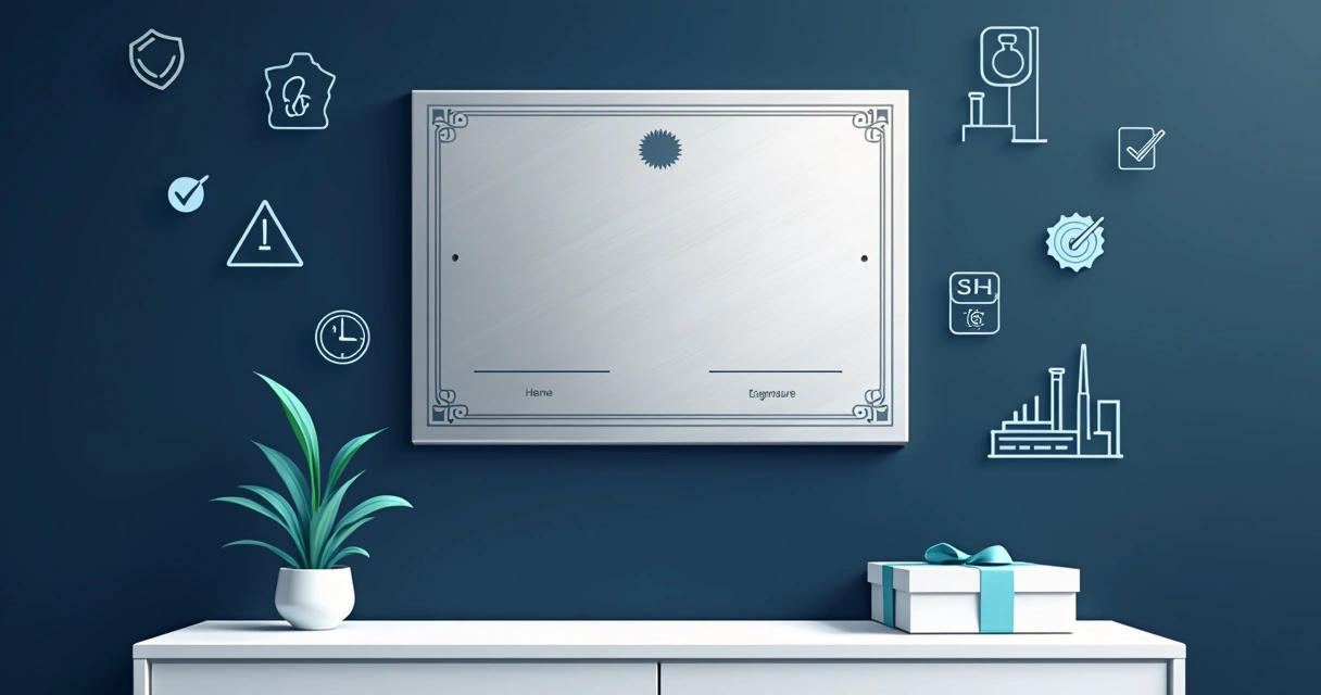 Certificado em aço inox fixado em parede com ícones de durabilidade e qualidade