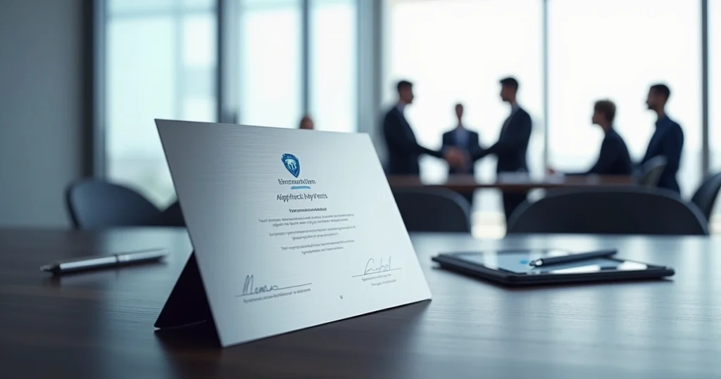 Certificado de aço inox com texto de agradecimento apoiado em mesa de reunião corporativa