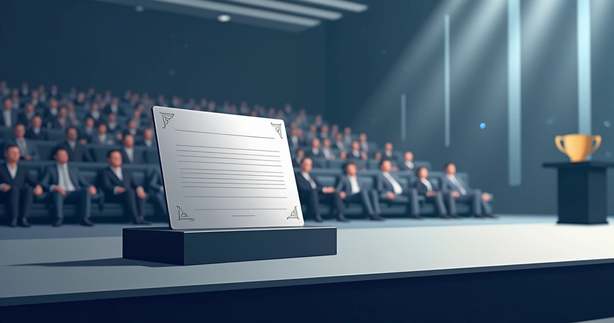 Certificado em aço inox sobre mesa de premiação corporativa