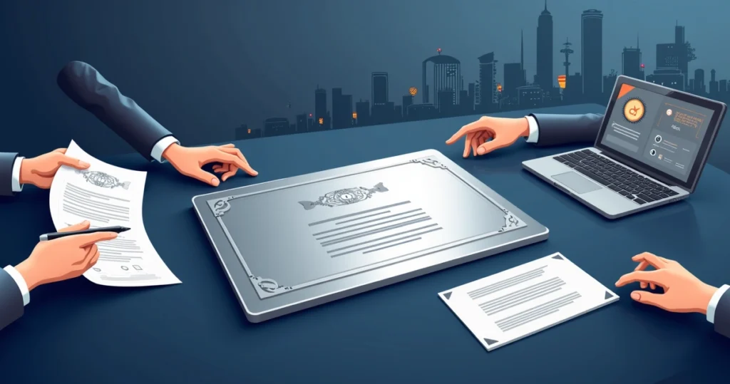 Certificado de honra ao mérito em aço inox sobre mesa de reunião corporativa