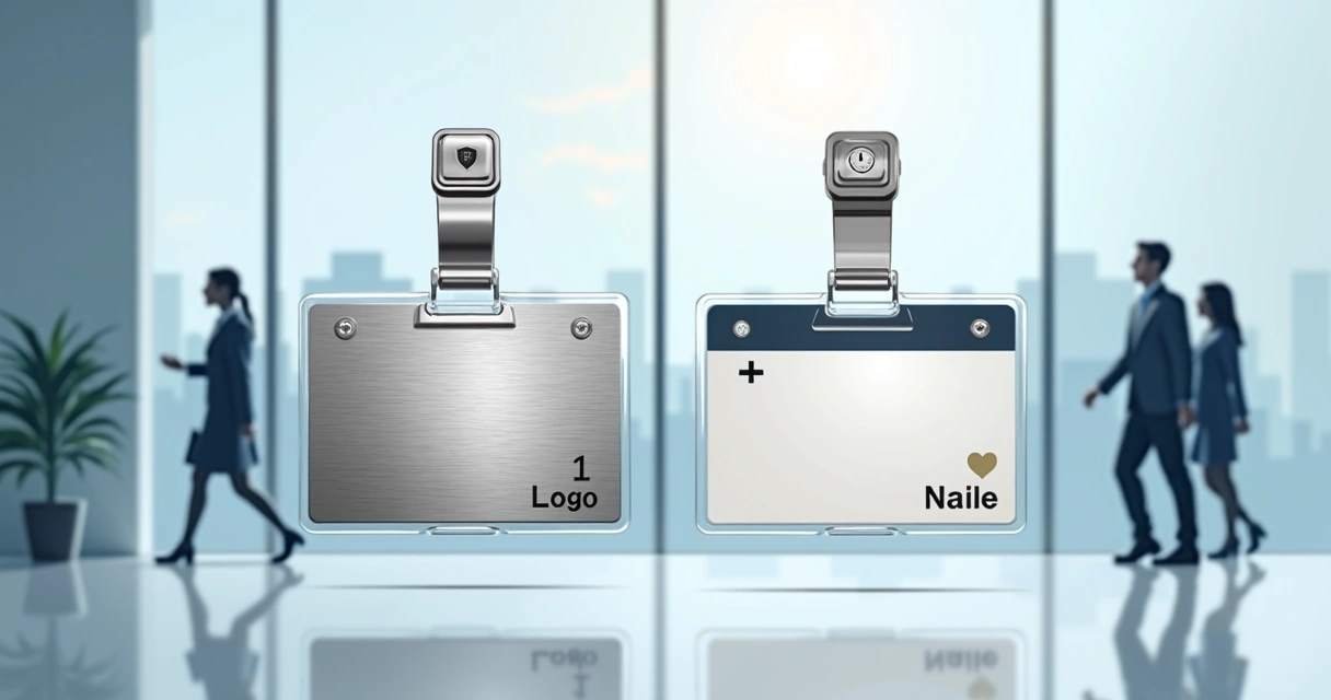 Comparação entre crachá em aço inox e crachá convencional em ambiente corporativo moderno
