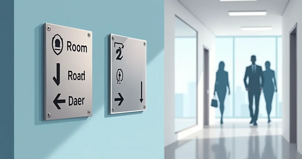 Comparação entre placa de sinalização em aço inox e placa acrílica em ambiente corporativo