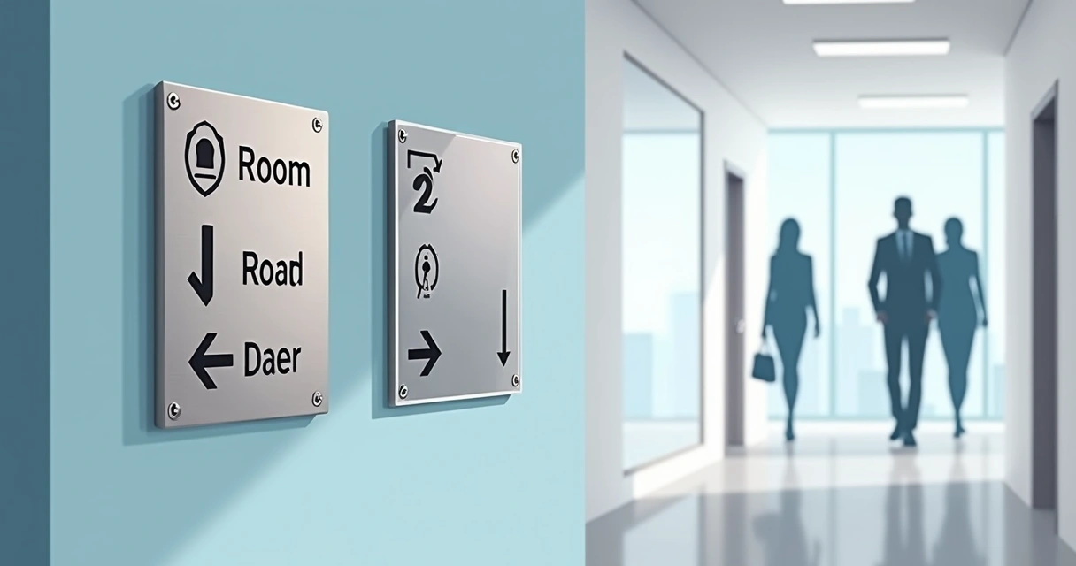 Comparação entre placa de sinalização em aço inox e placa acrílica em ambiente corporativo