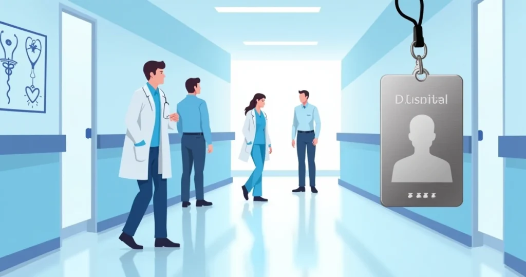Profissionais de saúde usando crachás de aço inox em corredor de hospital moderno