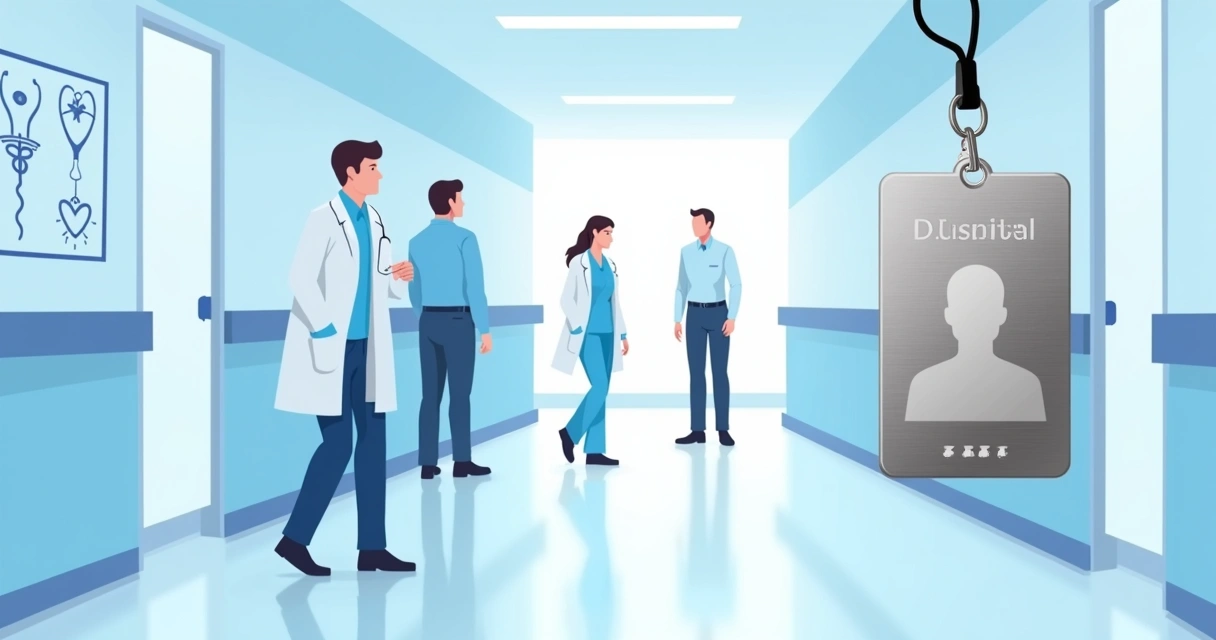 Profissionais de saúde usando crachás de aço inox em corredor de hospital moderno