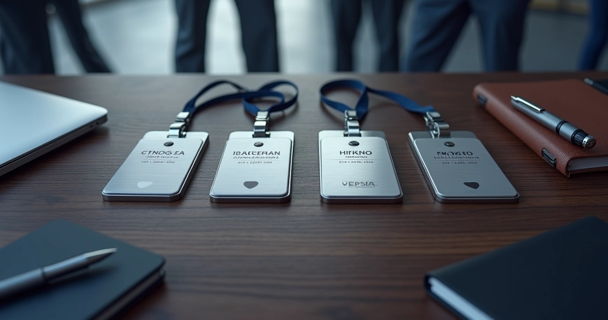 Conjunto de crachás executivos em aço inox organizados sobre mesa de reunião moderna