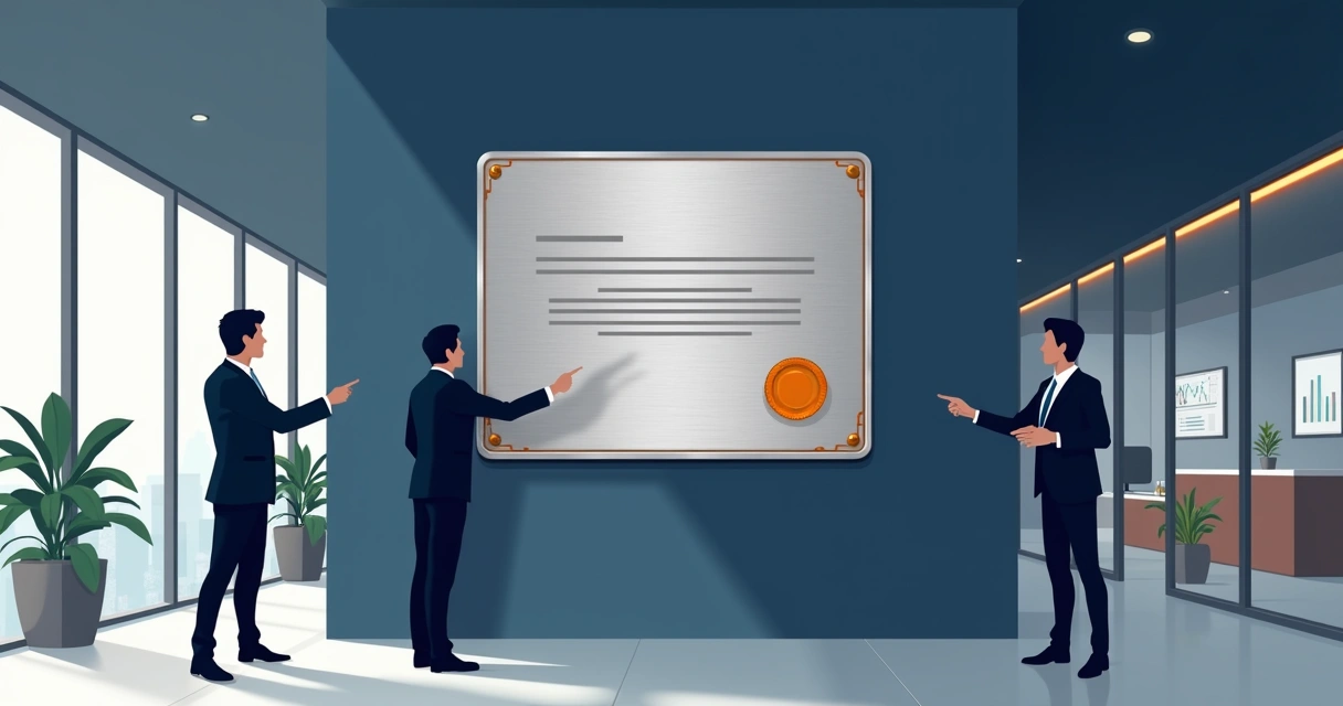 Diploma em aço inox aplicado em parede de escritório corporativo moderno