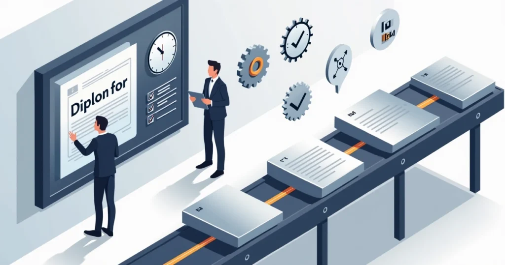 Equipe analisando layout digital de diploma em aço inox com foco em produção rápida