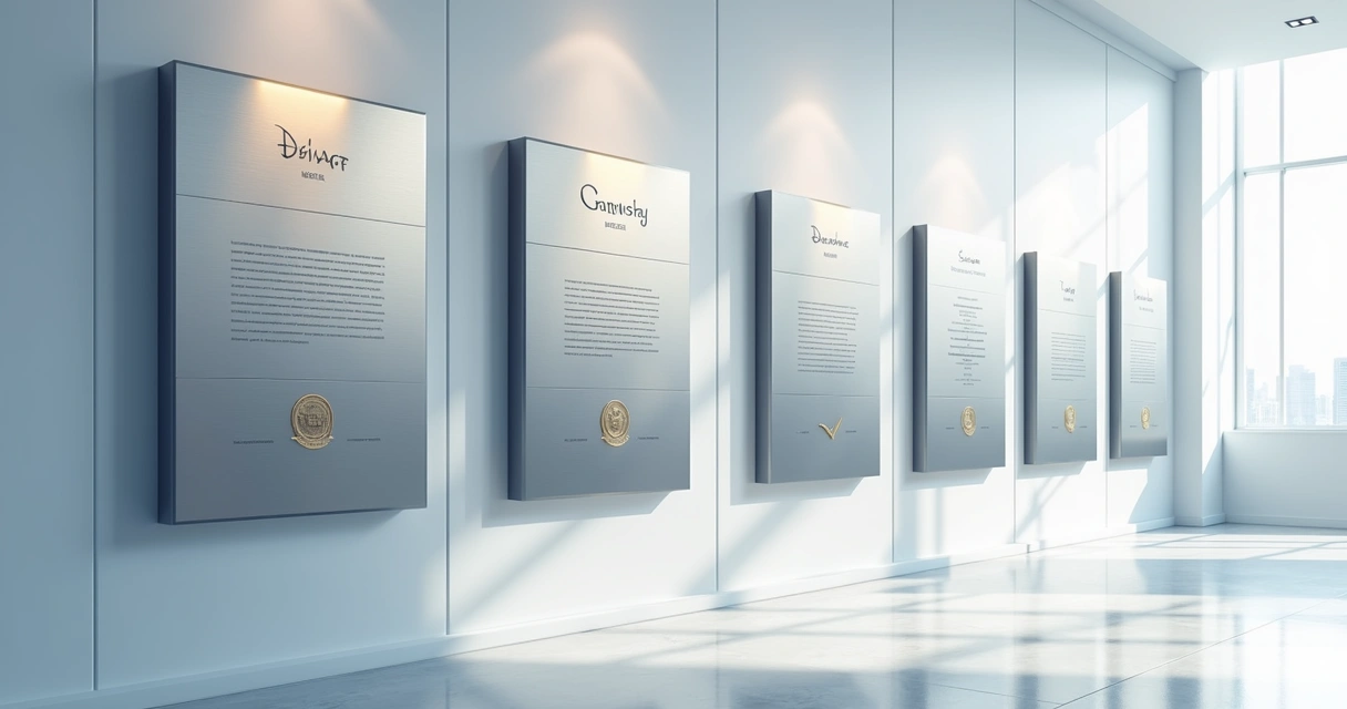 Painel corporativo com diplomas em metal inox para formatura alinhados na parede