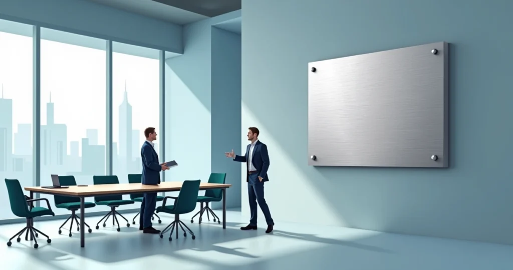Diploma em placa de metal inox instalada em parede de sala de reunião corporativa