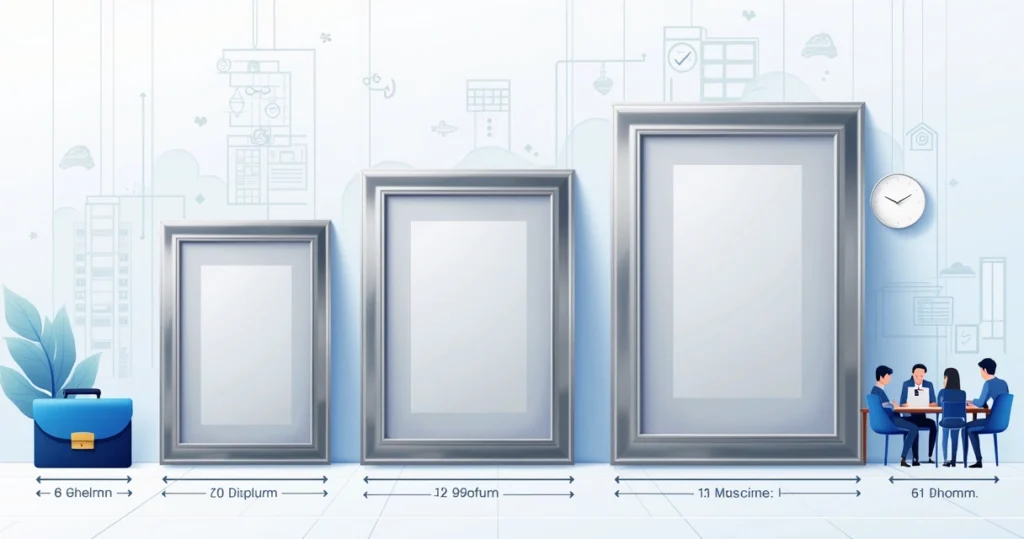 Ilustração mostrando diferentes tamanhos de diploma em aço inox alinhados com régua e ícones corporativos