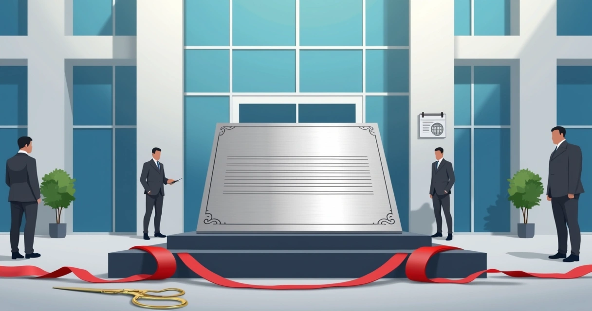Placa de inauguração em aço inox instalada em pedestal em frente a prédio público moderno