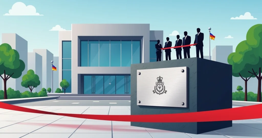 Placa de inauguração em aço inox em frente a nova sede da prefeitura