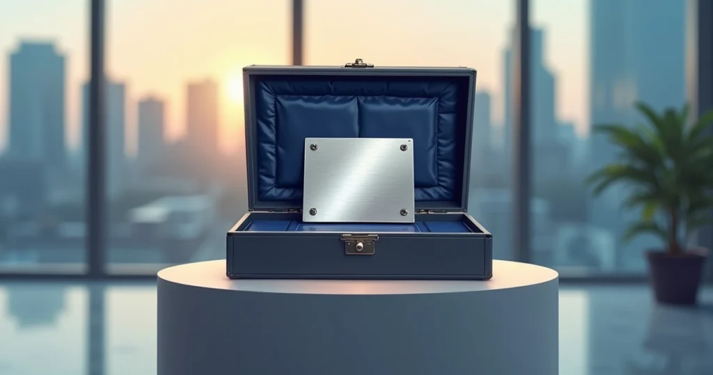 Placa de homenagem em aço inox em estojo premium aberta em cenário corporativo minimalista