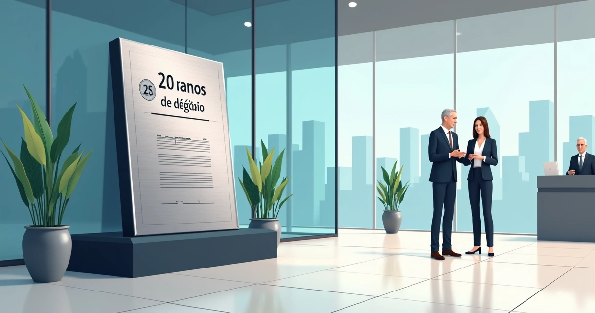 Placa de homenagem em aço inox destacando tempo de empresa em lobby corporativo moderno