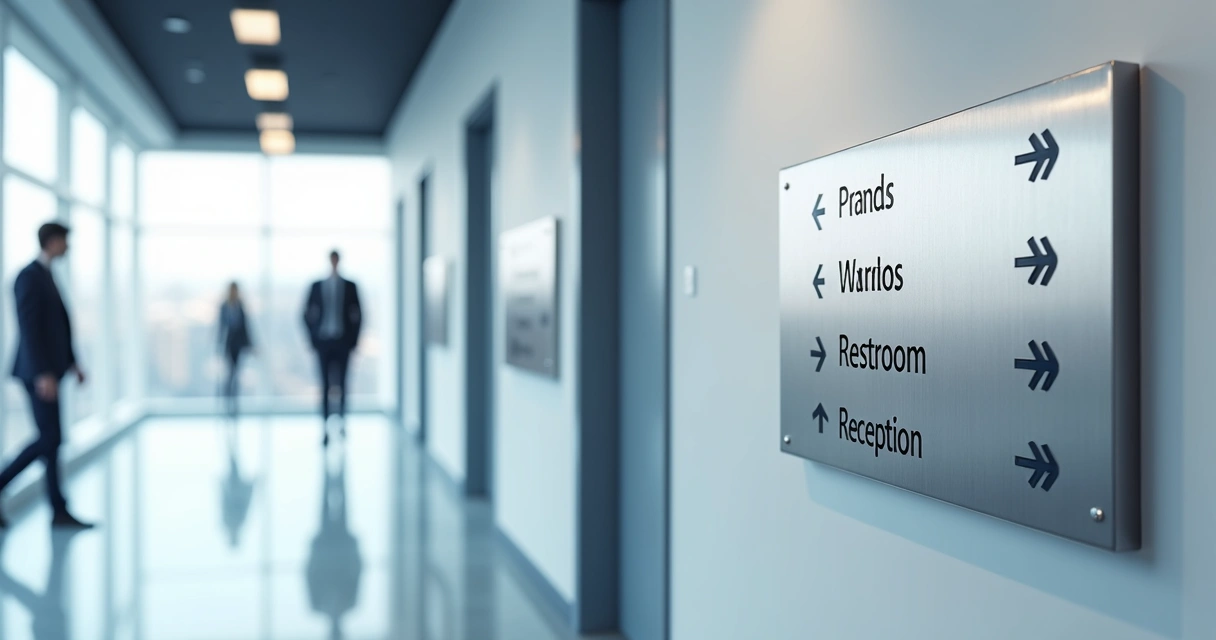 Corredor corporativo com placa de sinalização em aço inox na parede lateral