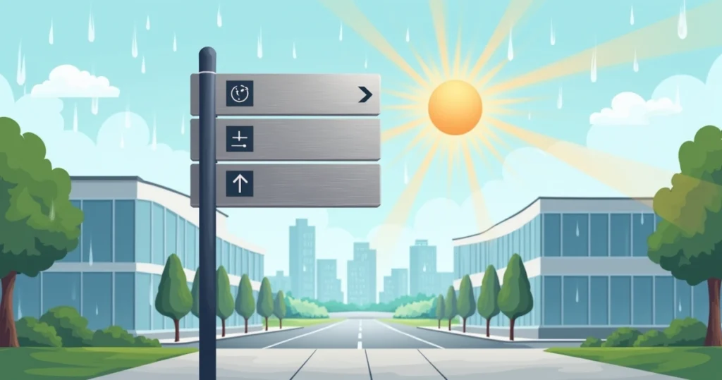 Placa de sinalização em aço inox instalada em área externa sob chuva e sol