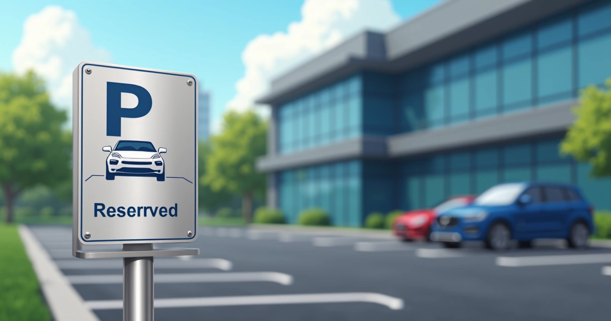 Placa em aço inox indicando vaga de estacionamento reservada em pátio corporativo
