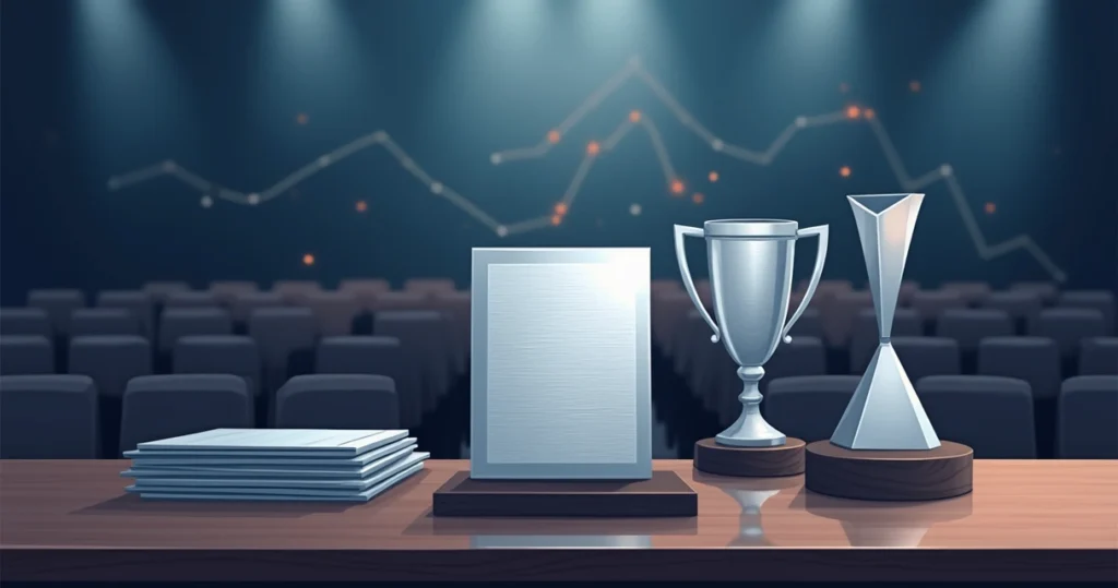 Placa e troféus em aço inox exibidos em mesa de premiação corporativa