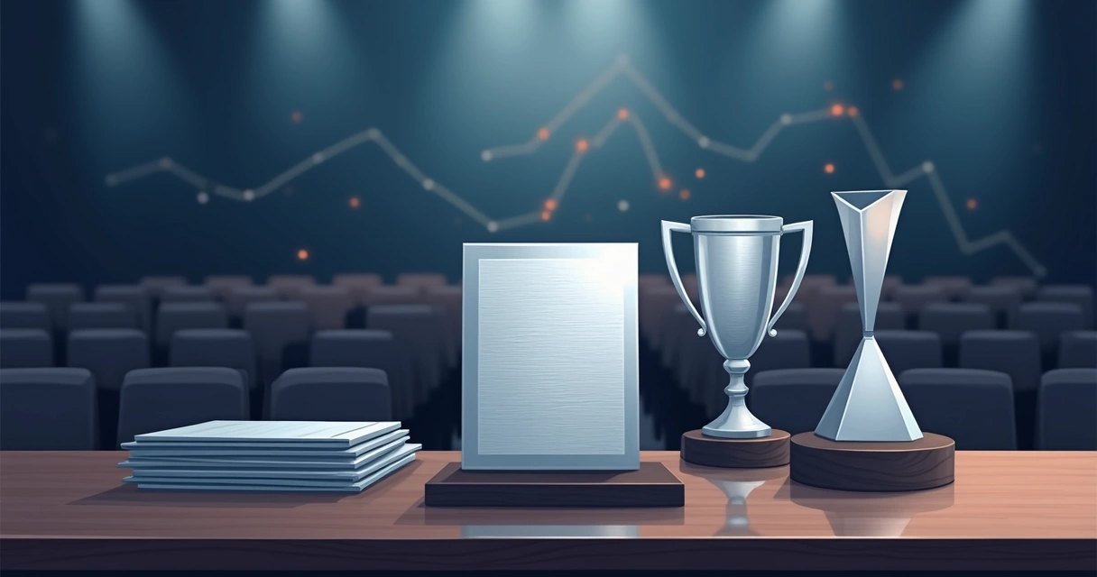 Placa e troféus em aço inox exibidos em mesa de premiação corporativa