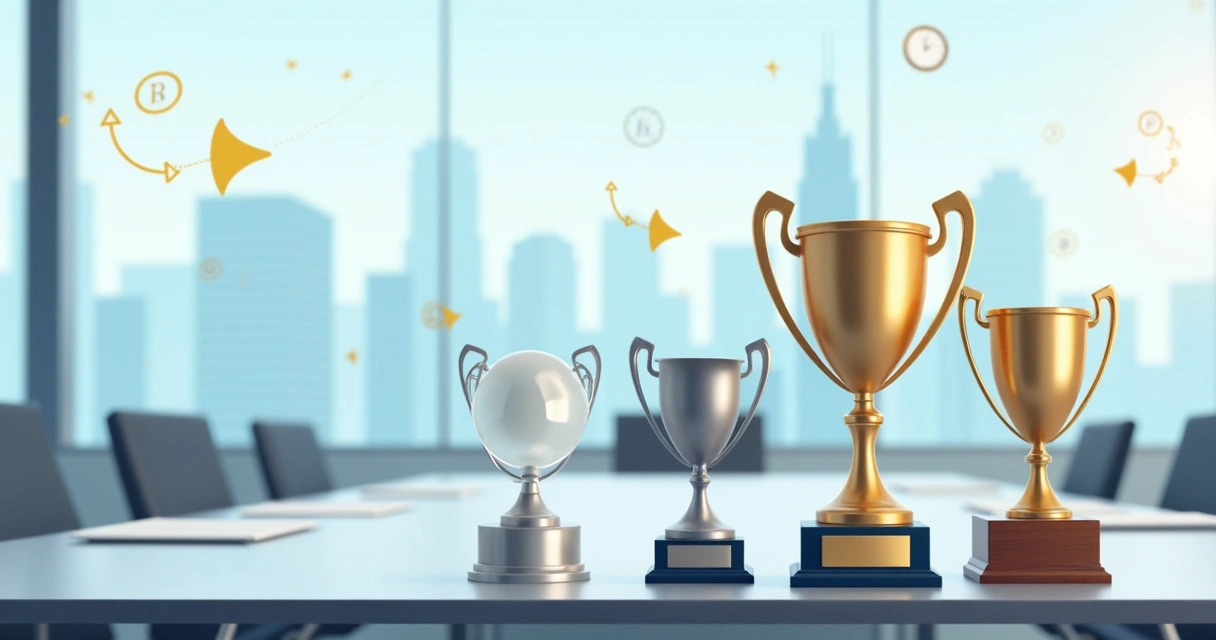 Ilustração de troféus corporativos de materiais diferentes sobre mesa com foco em aço inox