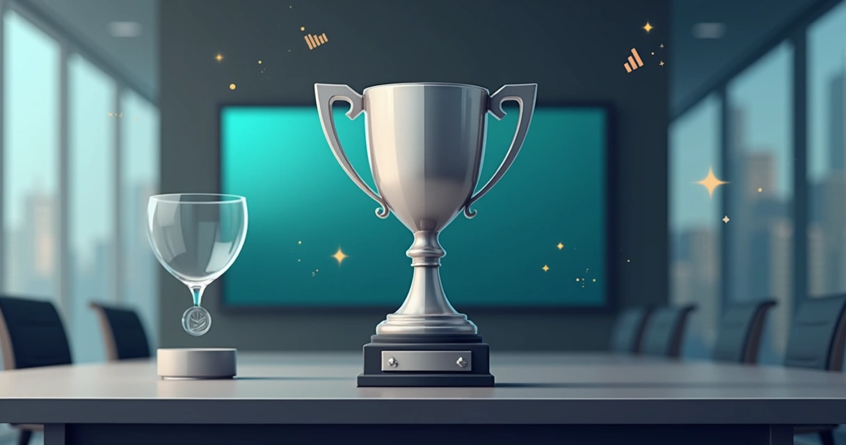 Troféu de metal personalizado em destaque em cenário corporativo minimalista