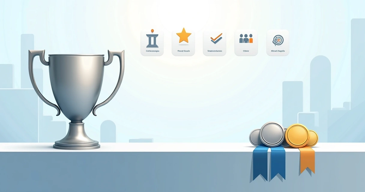 Comparação entre troféu em aço inox e medalhas corporativas em mesa de premiação